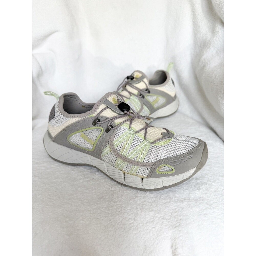 Teva 4172 Womens 8.5 Gray Lime Green Mesh Water Hiking Shoes Bungee Lace Shoc